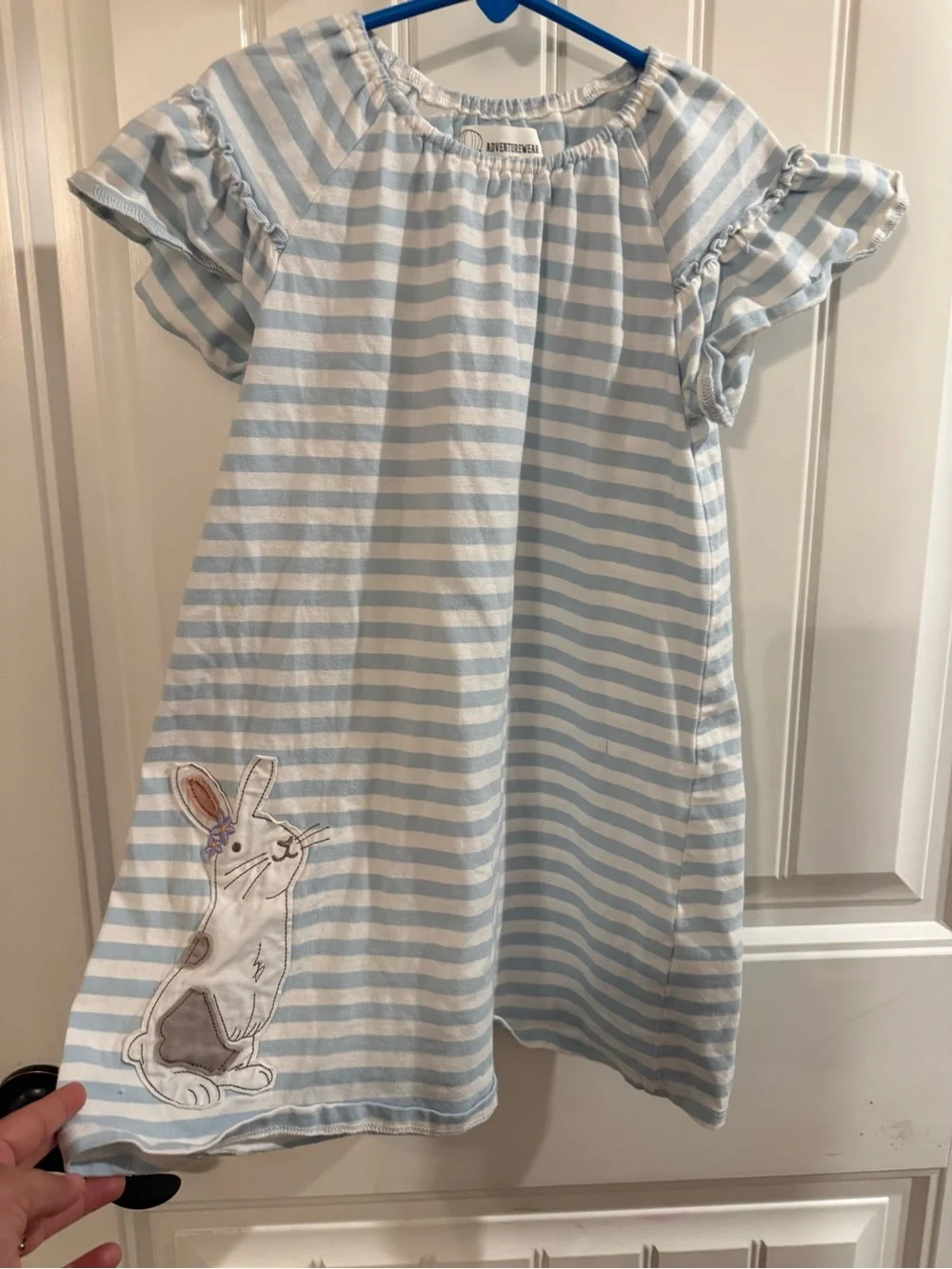 Kids Bunny Appliqué Nightgown - Light Blue & White Stripes